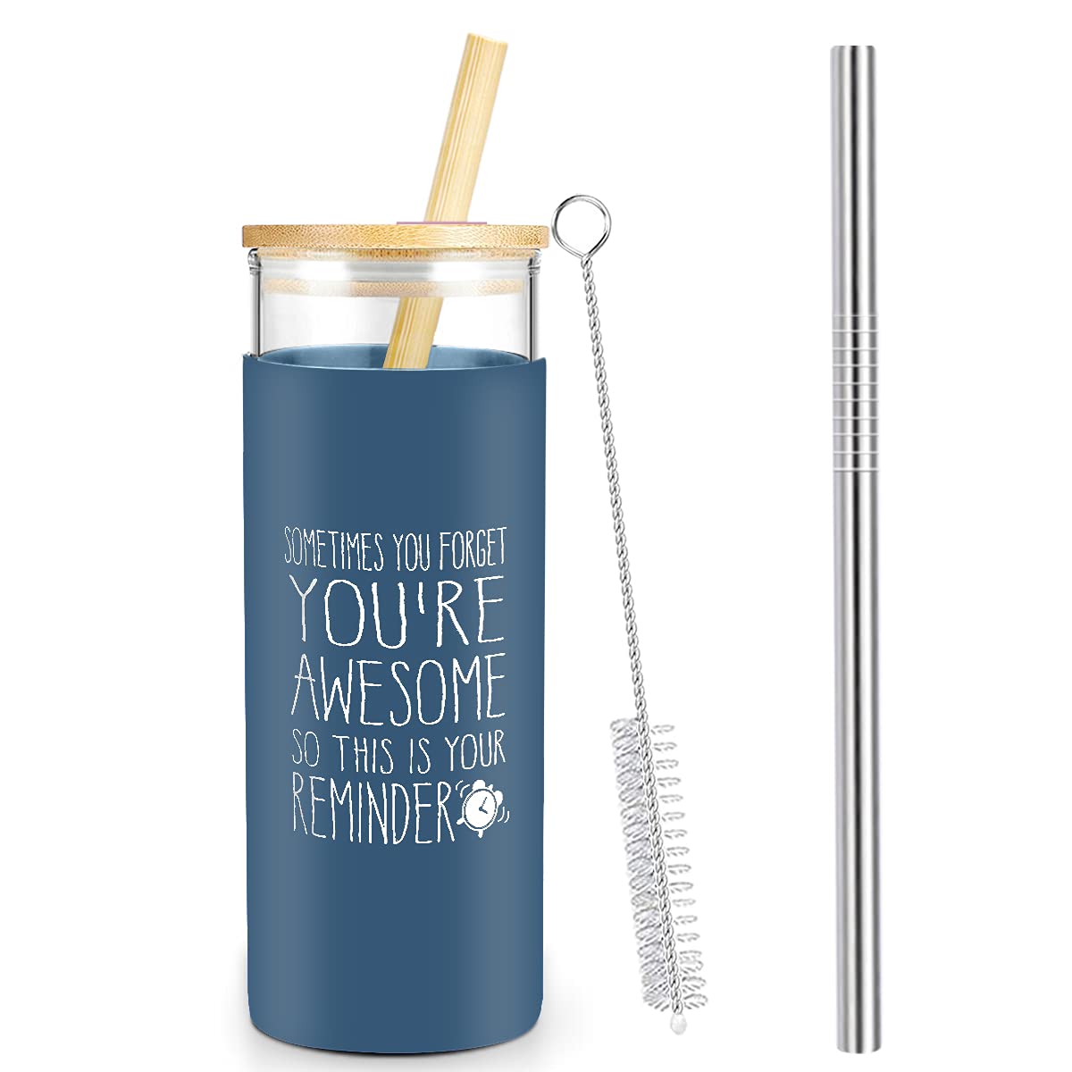 DOERDO 20oz You are Awesome Glass Tumbler Glass Water Bottle, with Stainless Steel Straw and Brush, Thank You Gifts for Women Coworkers Friends, Birthday Gifts Appreciation Gift (Blue)