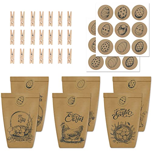 12 Bedruckte Tüten zu Ostern mit Hasen, Ostereiern und Frohe Ostern, Blumen und Küken - ideale Geschenkidee oder Oster Dekoration mit Holzklammern, DIY Osternest zum Basteln und Verschenken