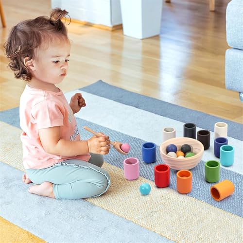 AM ANNA Rainbow Balls in Cups Toddler Montessori Toys for 1 Year Old Up, Kids Preschool Wooden Sorting Toys, Color Matching Games for Learning Sorting and Counting (12 Colors)