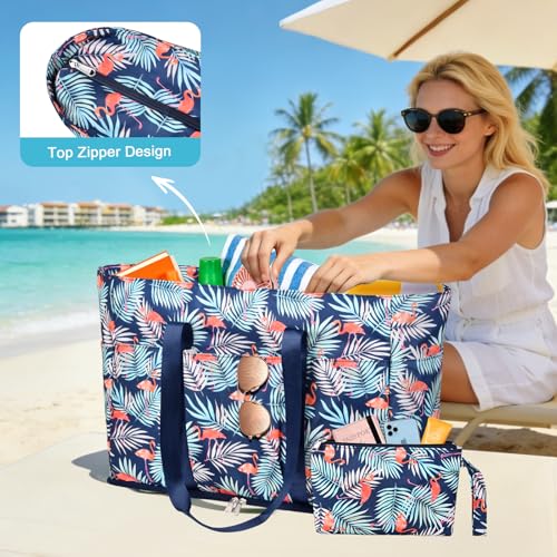 LUROON Large Women's Shoulder Bag, Corduroy Tote Bag with Zipper and Various Pockets University Bag Work Bag for Work Beach Travel School, Navy Blue Flamingos