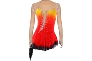 ARTSKATTING Figure Skating Dress,Girls Outfits Orange red Violet Yellow Hem Mesh Rhinestone Skating Performance Competition Wear Costume