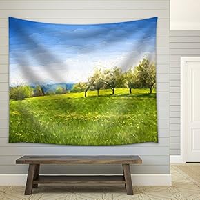 Oil Painting Spring Landscape - Green Meadow and Fruit Trees. Original Oil Painting on Canvas. - Fabric Wall Tapestry Home Decor - 51x60 inches