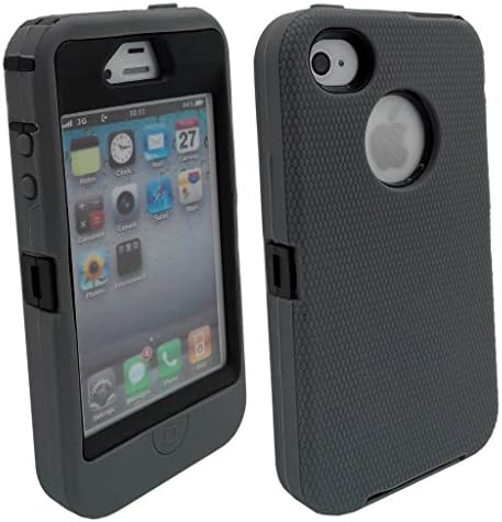 Iphone 4S case, Lucky On iPhone 4 / 4S Durable Protective Dual Layer Hybrid Armor Heavy Duty Shell Shockproof Case - built-in Transparent Screen Protector - Grey &amp; Black