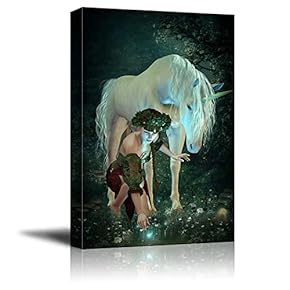 Canvas Prints Wall Art - A Girl and a Unicorn Watching Fireflies at a Pond | Modern Wall Decor/Home Decoration Stretched Gallery Canvas Wrap Giclee Print. Ready to Hang - 12" x 18"