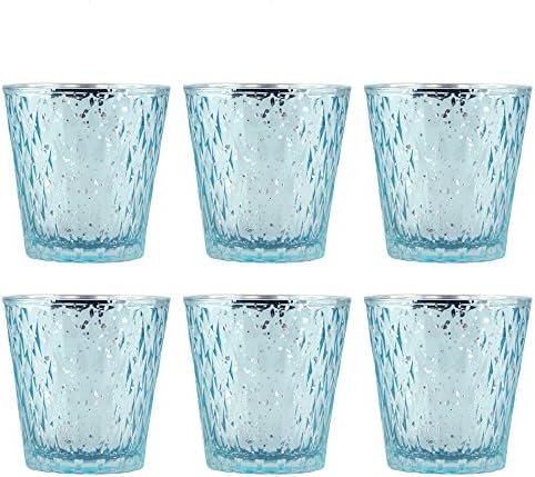 Set of Six Blue Mercury Glass Votives Candle Holders, 3"