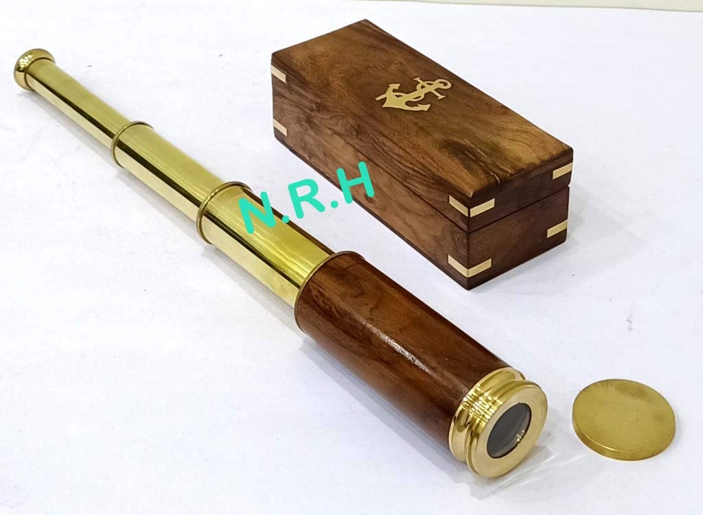 Nautical Replica Hub Brass 14" Telescope with Wood Box - Pirate Spy Glass, Barlow Lens, Beginner Skill Level