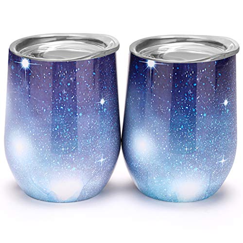 MASCOTKING Wine Glasses Tumbler - 12 oz 2 Pack - Double Wall Vacuum Insulated Cup with Lids for Keeping Wine, Coffee, Drinks - Beverage Warm in Winter - Christmas Present