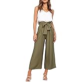 FANCYINN Womens 2 Piece Set V Neck Tank Wide Strap Tops High Waisted Cropped Paper Bag Pants with Belt