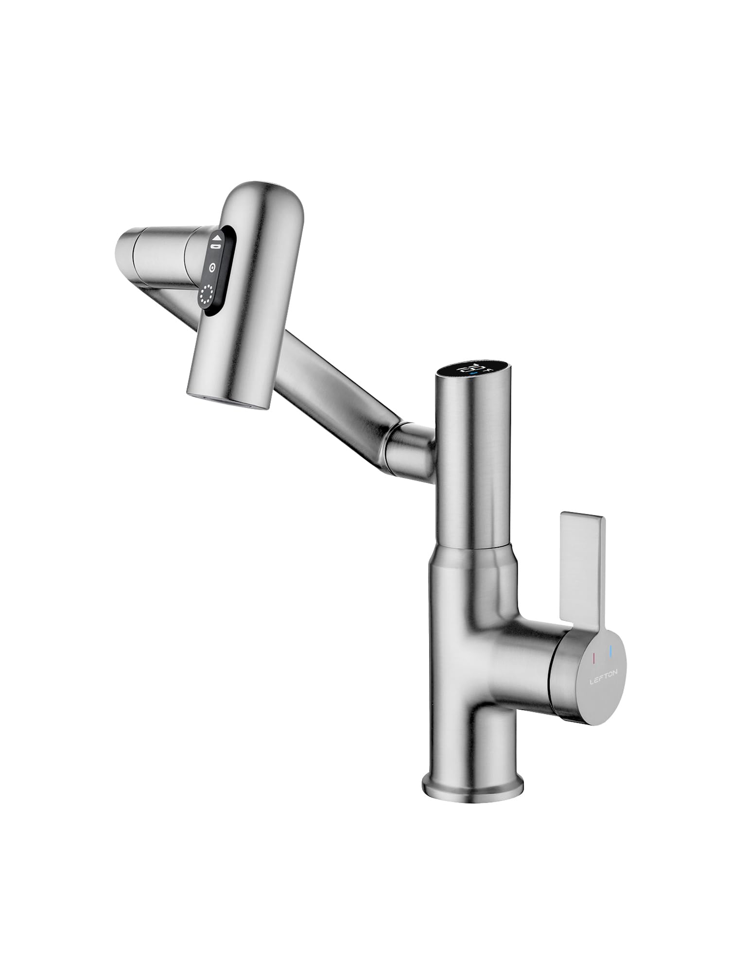 Photo 1 of Lefton Rotatable Bathroom Faucet with Temperature Display in Fahrenheit (Batteries-Free), 3 Water Modes, Brushed Nickel, BF2204-0
