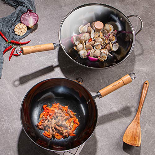Wok Pan with Lid 13 inch, 100 No Chemical, Carbon Steel Stir Fry Pan
