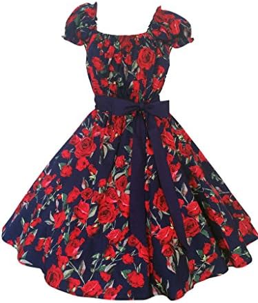 Cherrybombe Clothing Women's Vintage 50's Style Navy Rose Print Swing Dress