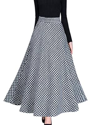 KLJR Women High Waist Wool A-Line Plaid Check Stylish Swing Long Skirts