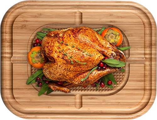 Large Wood Chopping and Butcher Block - Reversible 17x13x1.5 Bamboo Cutting Board with Juice Groove and Spikes Stabilizes Beef and Poultry While Carving