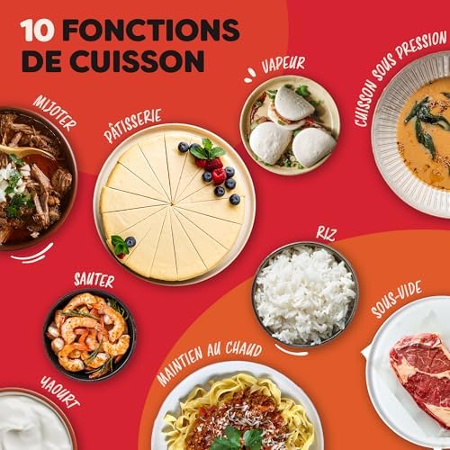 Pro Autocuiseur Multifonction 10-en-1, 1200 W, 5,7 L – Mijoteuse, Cuiseur à Riz, Cuiseur Vapeur, Sauté, Stérilisateur, Yaourtière, Sous Vide – Acier Inoxydable Noir