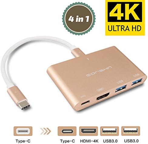 USB-C Multiport Adapter to HDMI 4K High Definition,2 Ports USB 3.0 Hub with 1 Power Delivery Charging port,compatible with MacBook 2016 / 2015 Chromebook Pixel and More Type C Devices by EONSHN(Gold)