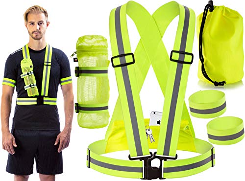 Reflective Comfortable Safety Gear for Running and Cycling with Back Pocket - Water Bottle Holder - Outdoor Reflector Arm Foot Band Set