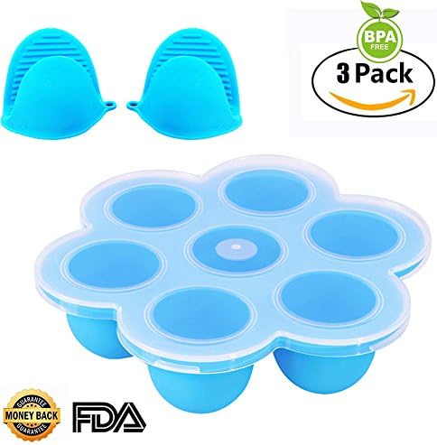 Silicone Egg Bites Mold with Lid, Silicone Freezer Tray for Baby Food Container and Reusable Storage Container(Blue),Bonus Silicone Oven Mini Mitts