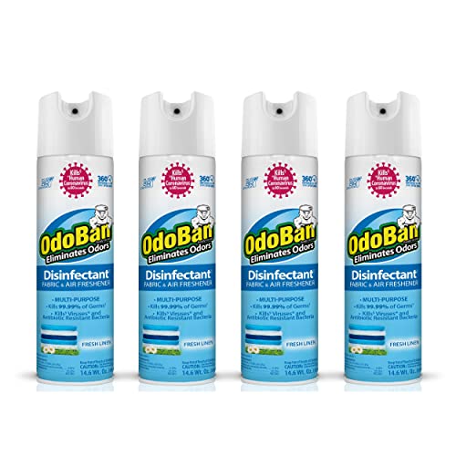OdoBan Ready-to-Use 360-Degree Continuous Spray Disinfectant and Harsh Aroma Eliminator, Fabric and Air Freshener, 4 Pack, 14.6 Ounces Each, Fresh Linen Scent