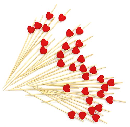 PuTwo Handmade Cocktail Picks 100 Counts Cocktail Sticks Heart Frilled Toothpicks Party Supplies - Red