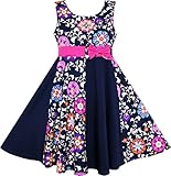 HN12 Girls Dress Asymmetric Flower Bow Tie Sleeveless Dark Blue Size 8