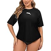 Halcurt Women's Plus Size Rash Guard Short Sleeve Swim Shirts Loose Fit UPF50+ Sun Protection Swimsuit Top Only