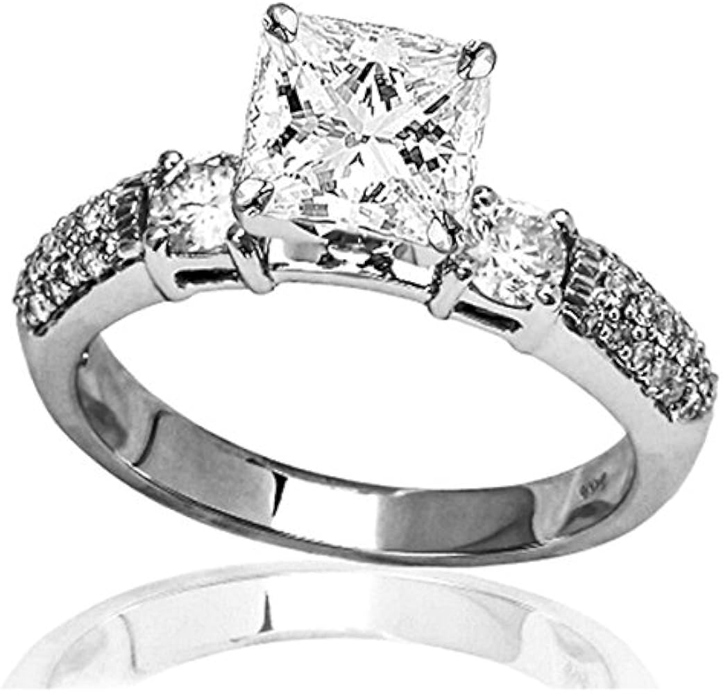 1.55 Carat t.w. GIA Certified Princess Cut 14K White Gold Three Row Bostonian 3 Stone Pave Set