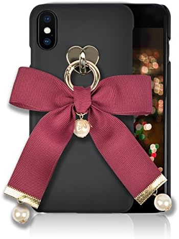iphone X Case [HandMade Stripe Ribbon Series] Silky SF Coating Hard PC [Detachable Ring, Ivory Faux Pearl] Ultra Slim, Light Weight, Apple iphone X Cover (Wine)