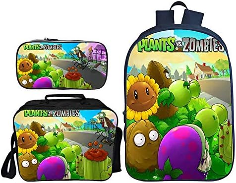 Multifunctional Backpack 3 Pcs Plants Vs. Zombies Printed Sports & Travel Backpack with - Durable Waterproof Outdoor School Bag And Lunchboxes Pencil Case