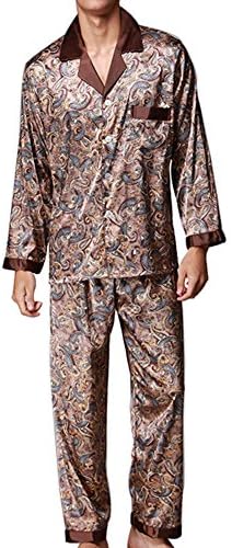 Musen Men Sleepwear Silk Pajama Set Pajama Shirt and Pant Satin Loungewear Brown 3XL