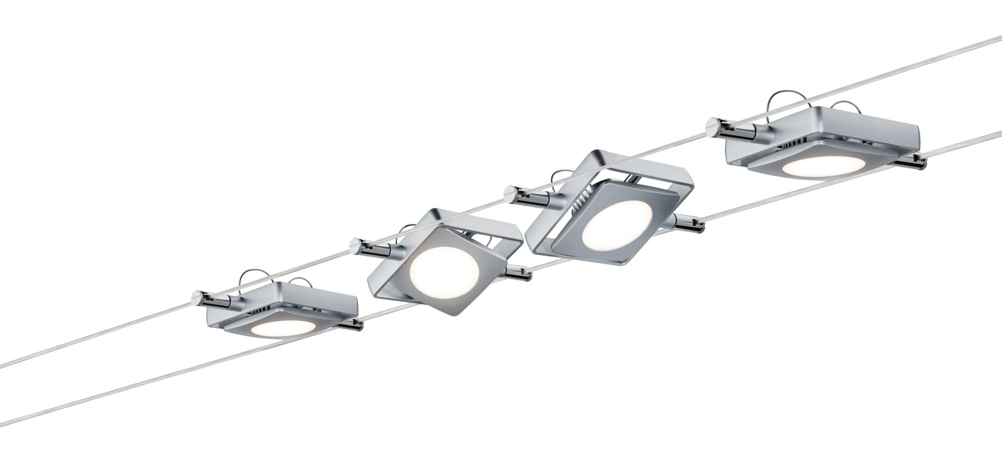 Paulmann 941.07 MacLED Wire System Spot Lights - Tension Wire Lighting Set w/ 4 Square Lights, 10m Cable Wire & Transformer - Indoor Lighting for Ceiling or Wall max 16W 2700K Chrome [Energy Class A+]