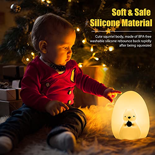 Squirrel Kids Night Light, Cute Silicone Baby Night Light with Touch Control, Squishy Portable Rechargeable Led Animal Nusery Lamp for Toddlers’ Room, Kawaii Birthday Gifts for Boys Girls Teens
