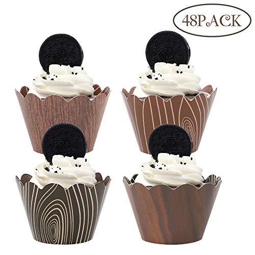 BAKHUK 48pcs Wood Grain Cupcake Wrappers, 4 Designs for Woodland Animals Baby Shower Decorations, Lumberjack Birthday Party, Woodsy Rustic Wedding Supplies