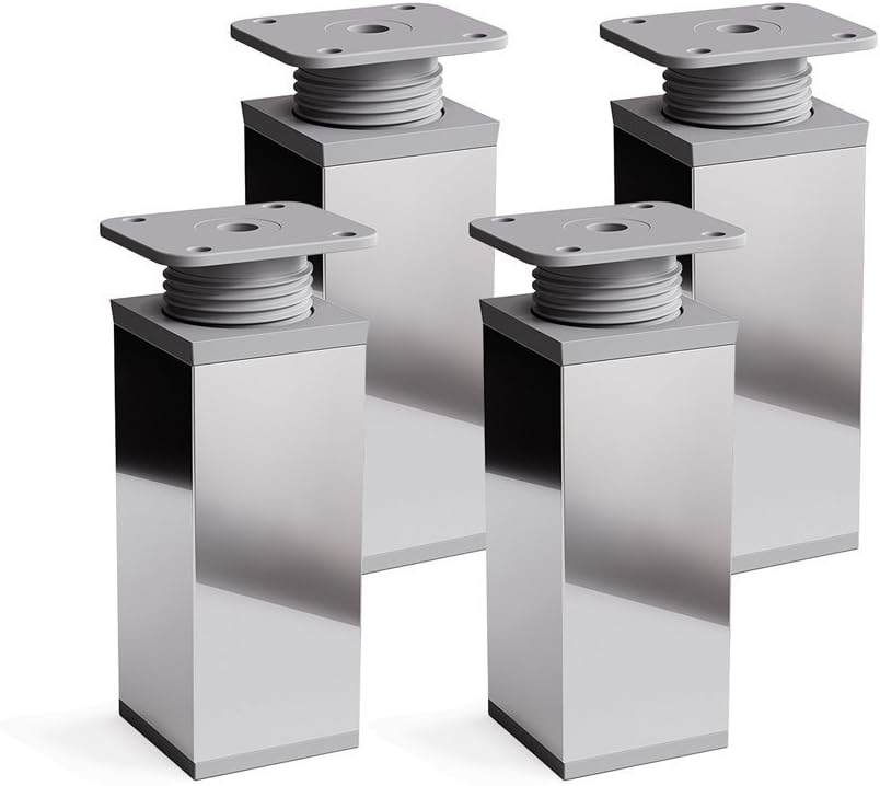 Furniture Legs, Pack of 4, Height Adjustable | Angular Profile: 40 x 40 mm | Design: Chrome | Sossai® MFV1-CH | Height: 80mm +20mm | Wood Screws Included