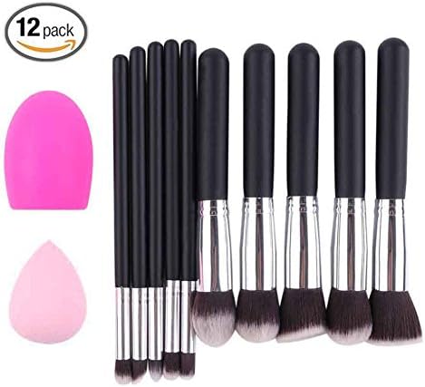 Professional Cosmetic Makeup Brush Kit Soft Synthetic Kabuki Face Foundation Blending Blush Eyeshadow Blush Concealer Brush Kit with Blender Sponge and makeup Clean Tools(10+2pcs，Black/Silver)