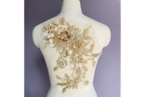 FEEPOP 3D Embroidered Patches Nail Bead Tulle Applique Flower Patch for Clothing Wedding Dress Lace C Fabric DIY Decoration (Golden Color)