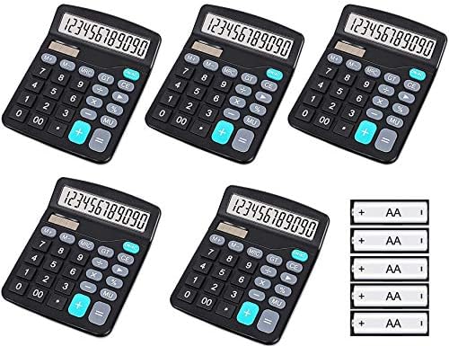 YOUHO 5PCS Calculator, 12-bit Solar Battery Dual Power Standard Function Electronic Calculator with Large LCD Display Office Calculator Black (KK-837B，5 1.5v Battery)