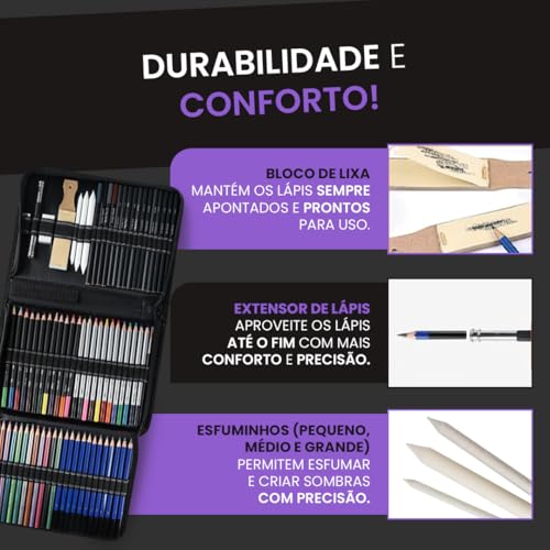 Kit de Desenho Profissional Completo 72 Peças com Estojo Portátil – Lápis Grafite, Carvão, Aquarela e Acessórios para Artistas, Estudantes, Iniciantes e Crianças Premium