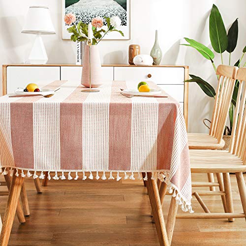 AmHoo Striped Tassel Cotton Linen Tablecloth Washable Rectanglar Table Covers for Kictchen Dining Table Decoration,54 x 86 inch, Orange