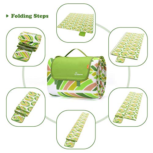WolfWise 79"x79" XXL Picnic Blanket Extra Large Fleece Beach Mat with Waterproof Backing Anti Sand, Green Leaves