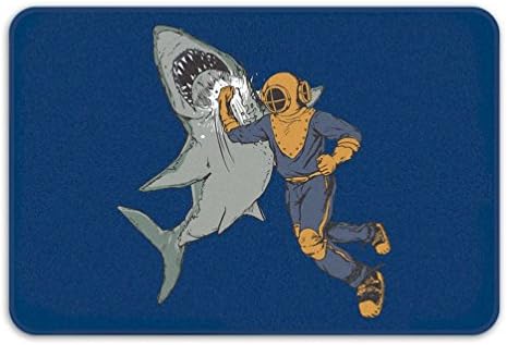 Diver Punching Shark Bath Mat Anti Slip Memory Foam Blue Rug Scuba Diving Gift