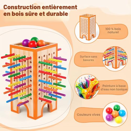 Montessori Game, Children's Games 3, 4, 5, 6 Years, Wooden Board Game with 42 Sticks and 12 Balls, Educational Toy for 3 Years, Fine Motor Skills Games, Family and Travel Games, Gift for Boys and