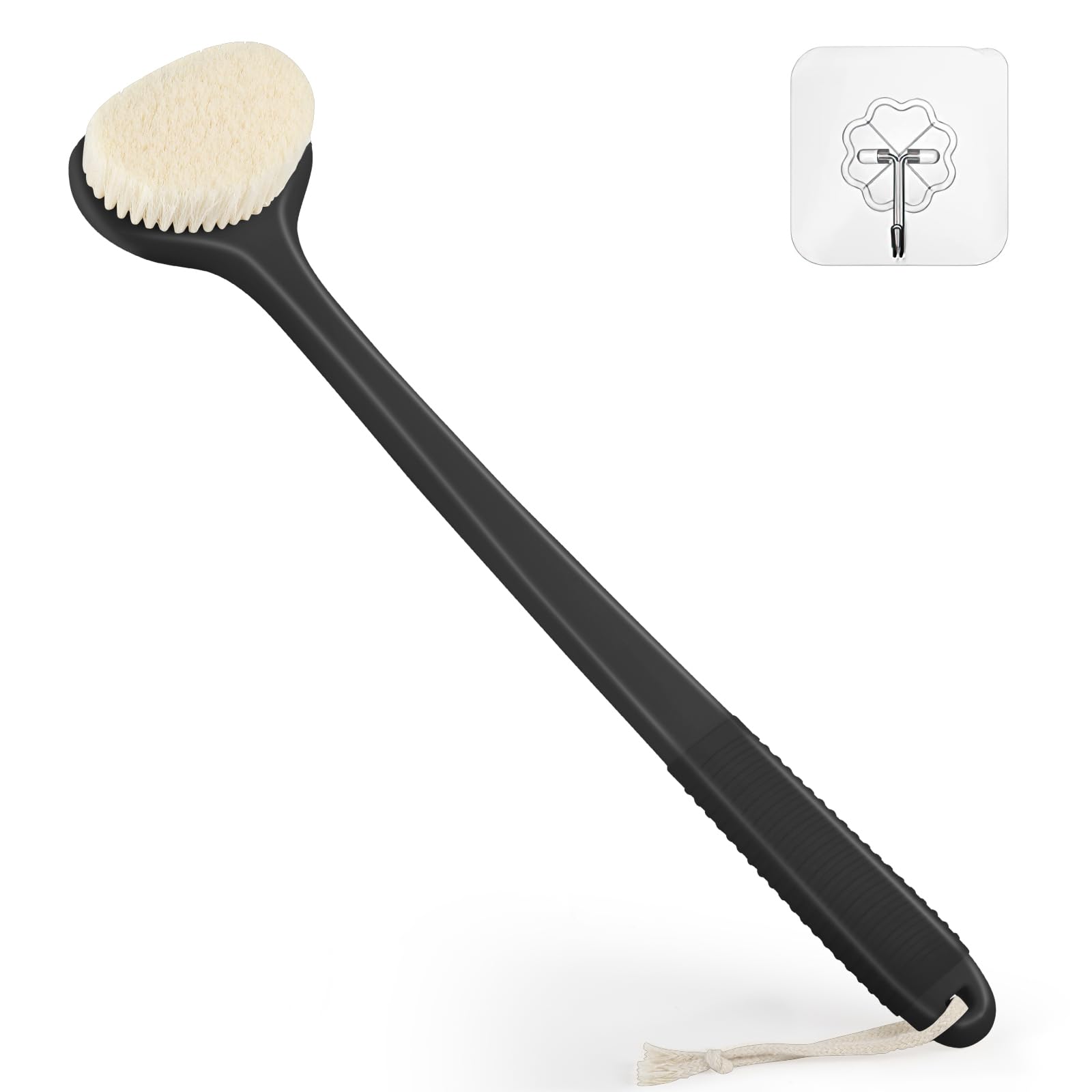 VANZAVANZU Back Scrubber for Shower, Bath Brush with 17-Inch Long Anti-Slip Handle, Wet and Dry Brushing Body Brush for Body Cleansing, Back Brush for Men and Women, Black