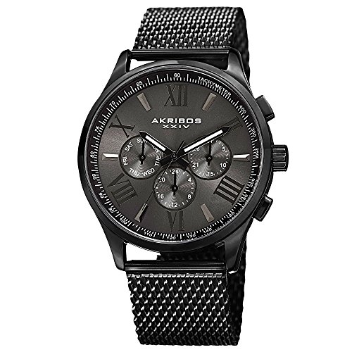 Akribos XXIV Men's AK844BK Round Dark Gray Radiant Sunburst Dial Two Time Zone Quartz Bracelet Watch