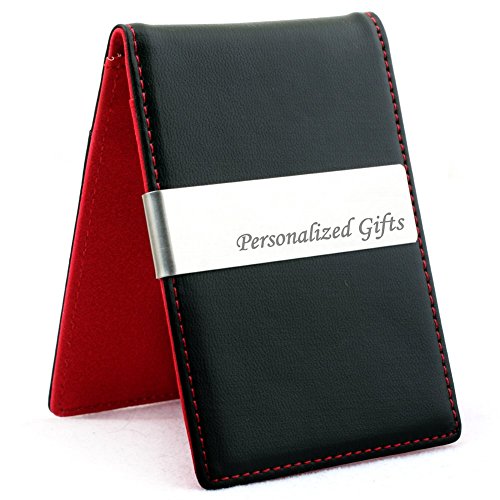 Free engraving - Mens Leather Silver Money Clips RED Slim Wallet ID Card Holder