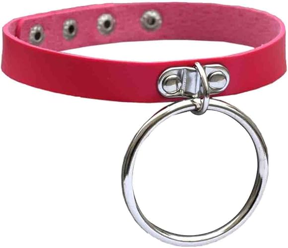 Amazon Comvip パンク 大きいリング付き 首輪 レディース ファッション チョーカー 個性 シンプル Puレザー 純色 パーティー プレゼント バラ色 ネックレス 通販