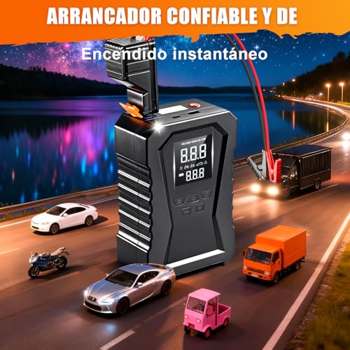 LINGLUCKY Arrancador de Batería de Auto Portátil 3000A y Compresor de Aire 150PSI,Jumper para Carro de 12V(9L Gasolina/6.5L Diésel) con Pantalla LCD,Linterna LED,Luz de Emergencia,12000mAh Power Bank