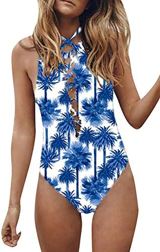 JINANLIPIN Women's Floral Sexy Deep V-Neck Criss Cross Monokini One-Peice Swimsuit Bathing Suit Blue