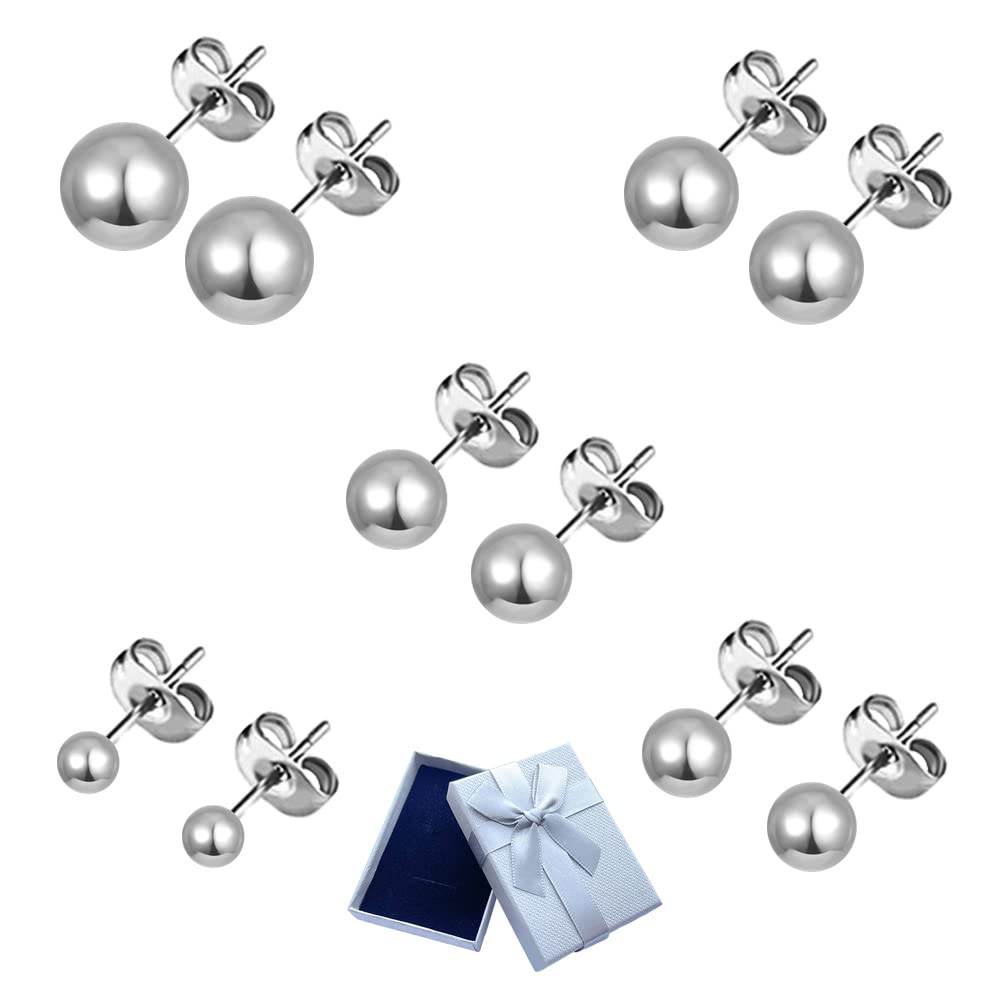 Yijunmca 5 Pairs Titanium Steel Ball Stud Earrings Set Barbell Tragus Ear Stud Hypoallergenic Loop Earring Piercing Ear Buckles Punk Endless Stud Earrings Jewelry for Men Women, 3/4/5/6/8mm Silver