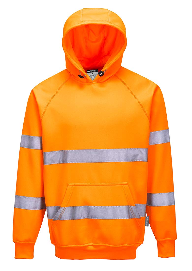 Portwest B304 Hi Vis Mens Hoodie Reflective Pullover High Visibility Hooded Sweatshirt Safety Workwear With Reflective Tape Orange Large