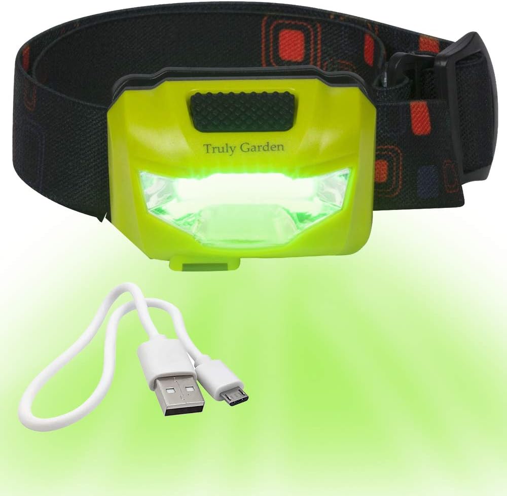 Truly Garden Green LED Headlamp USB Rechargeable - Forget Changing Batteries. 120 Lumen, Wide Angle Headlamp is Great for Growers Inspecting Flowering Plants in Hydroponic Grow Rooms.